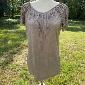 REBECCA MOSES TOP TEE SHORT SLEEVE BRAIDS LOOPS TAUPE GRAY TAN Size MEDIUM